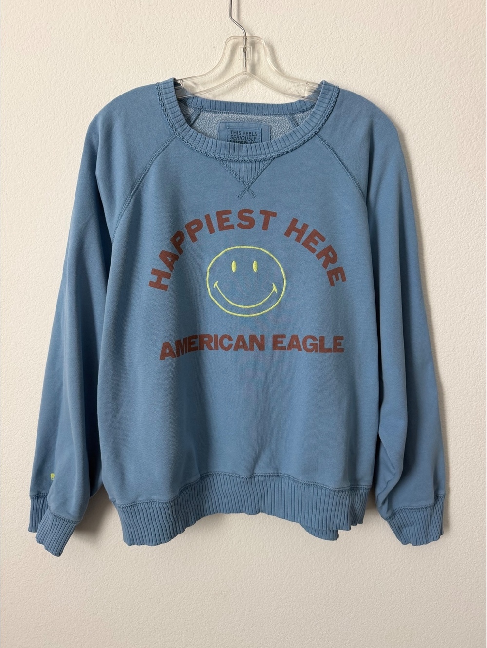 American Eagle Long Sleeve Round Neck "Happiest Here" Graphic Sweatshirt Size L